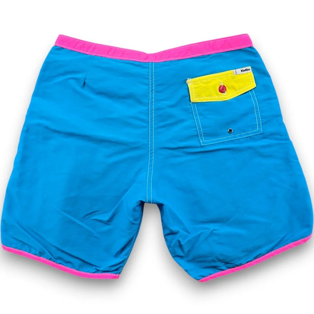 Katin Mens Board Shorts Size 32 Blue Pink Nylon Surf Trunks Made in USA Snap Fly